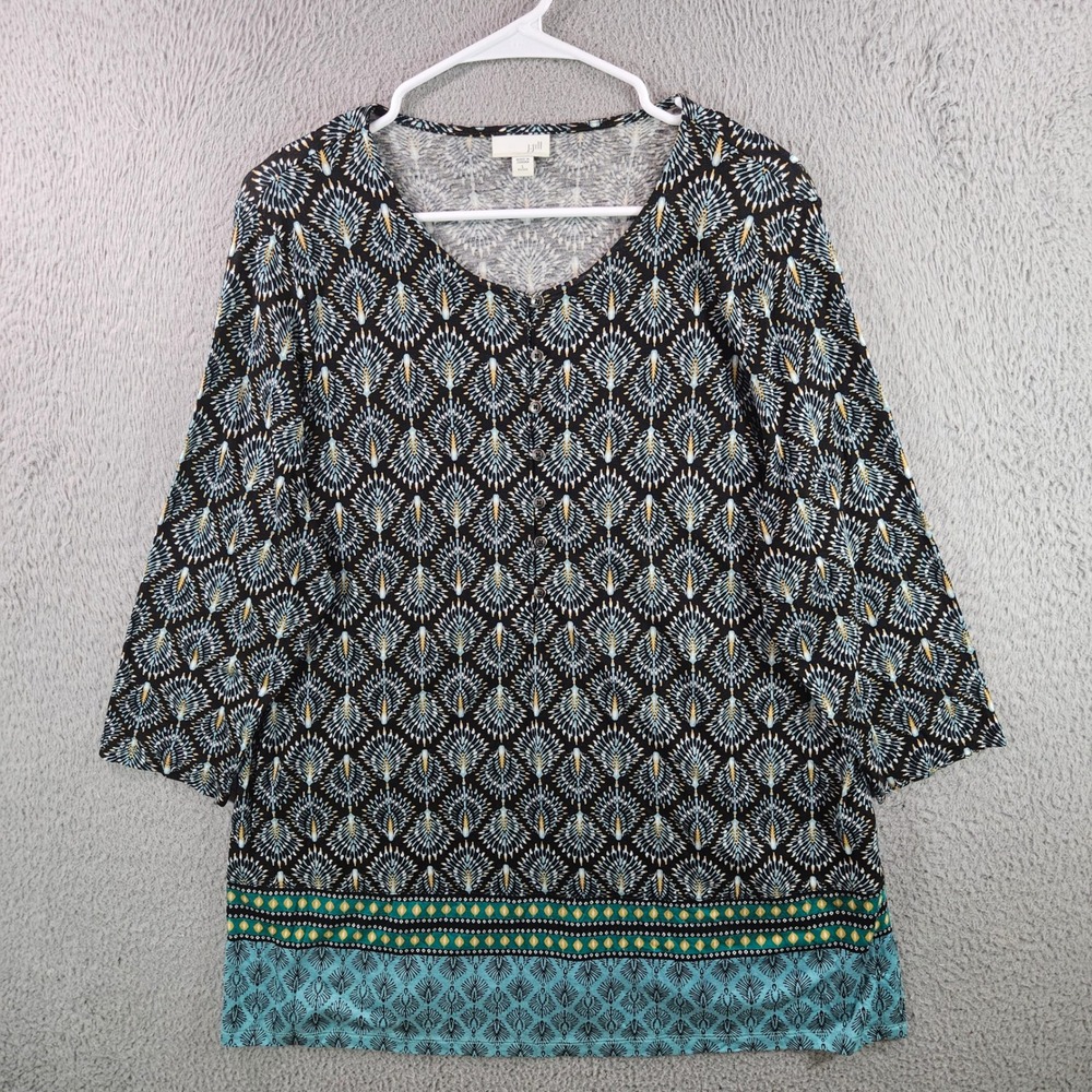 J Jill Womens L Petite Black Blue Geometric Print 3/4 Sleeve V Neck Tunic Top